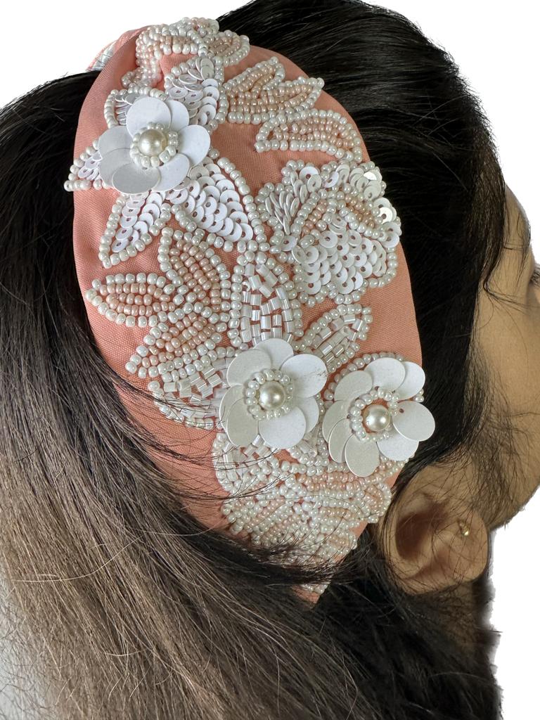 ELEGANT PEACH AND WHITE BEADED HAIRBAND
