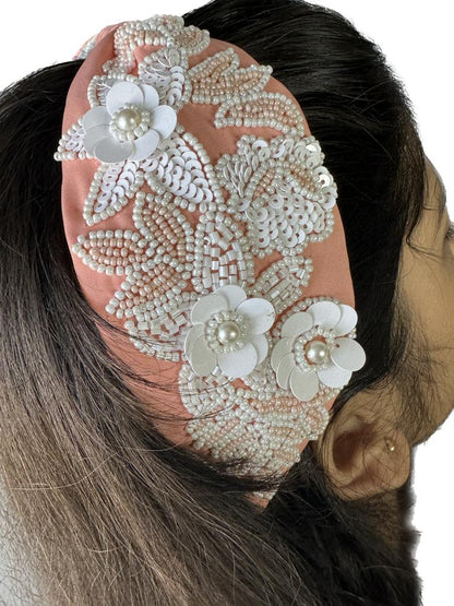 ELEGANT PEACH AND WHITE BEADED HAIRBAND