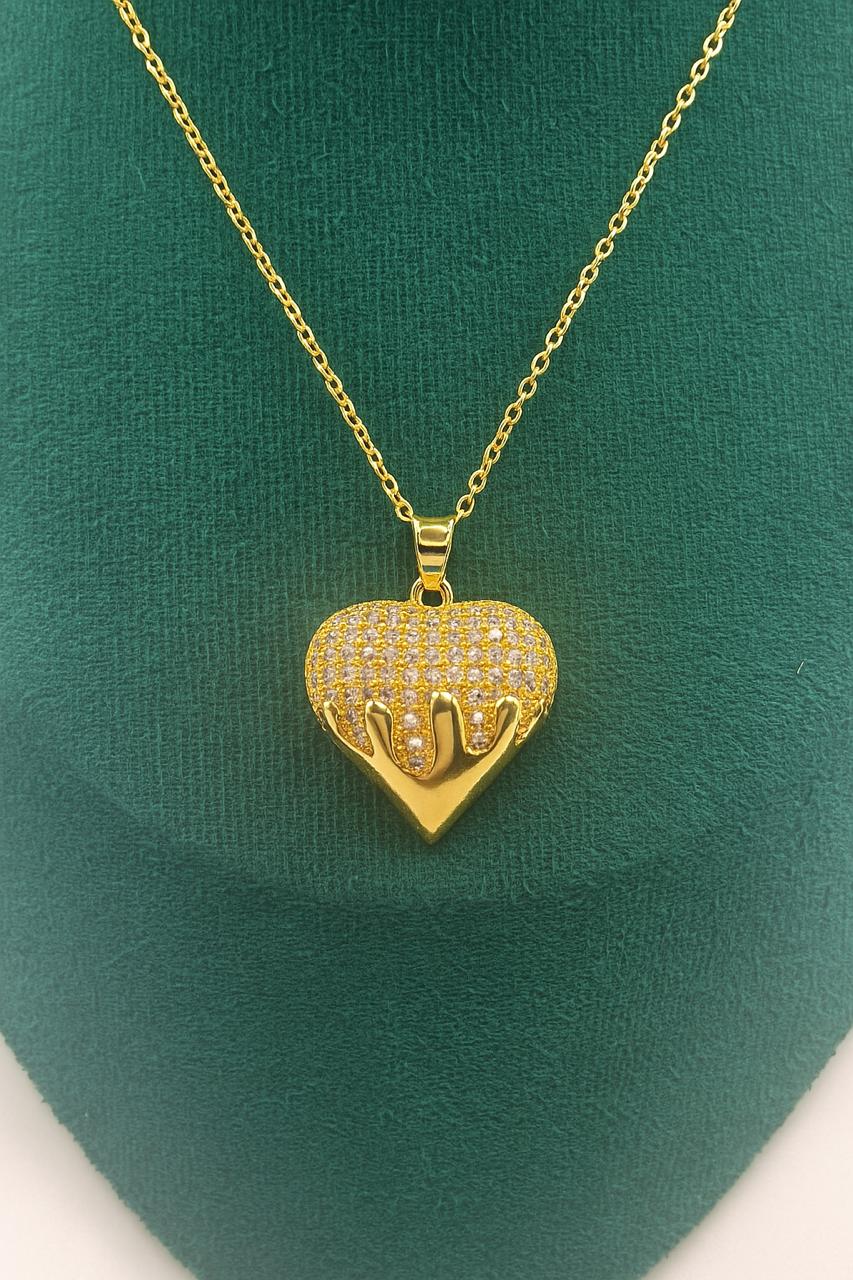 Gold Plated Heart Drip Pendant Necklace with Cubic Zirconia Crystals for Women