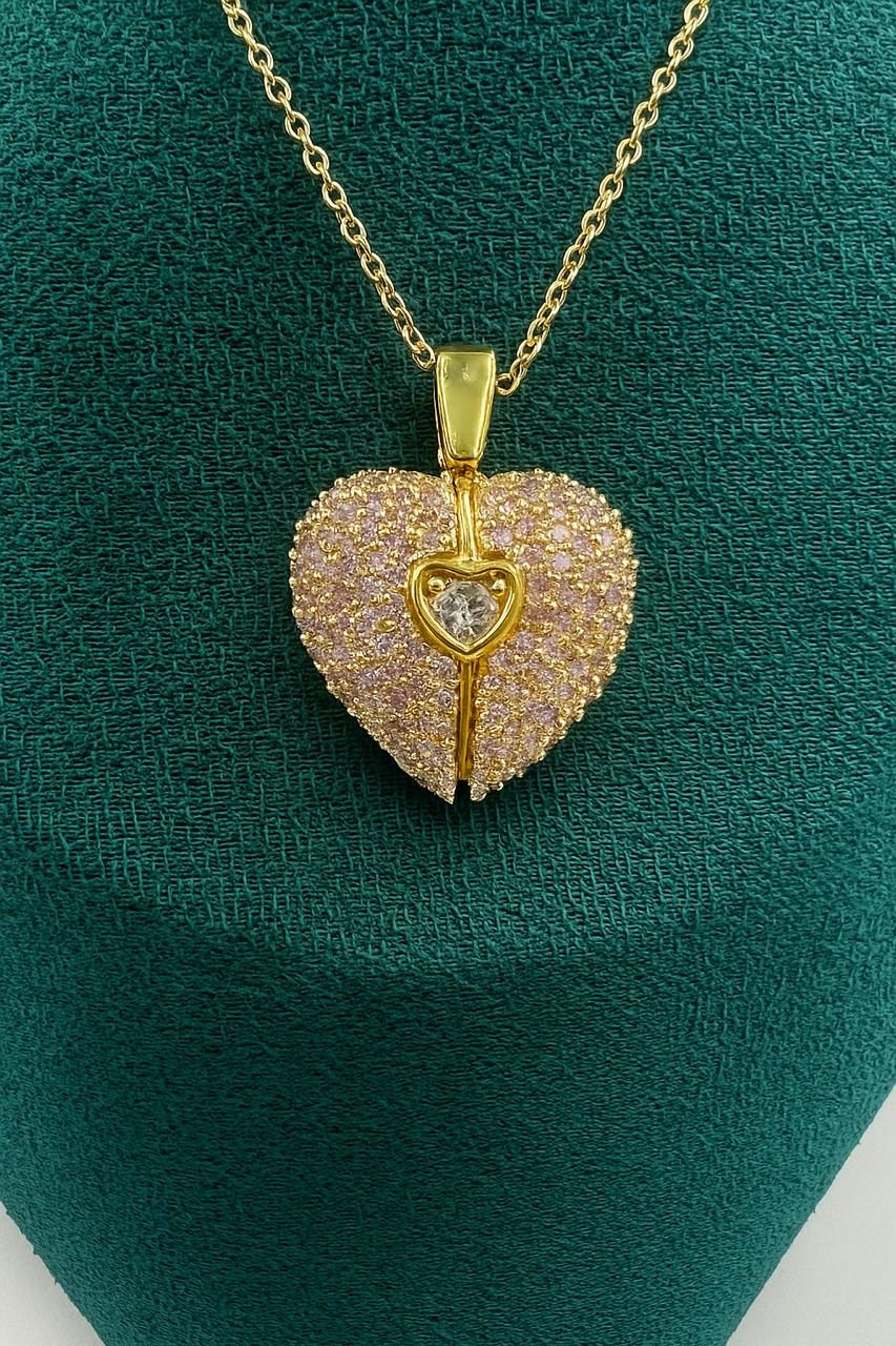 Stainless Steel Pink Pavé Heart Pendant Necklace with Cubic Zirconia Center | Anti-Tarnish Women’s Jewelry