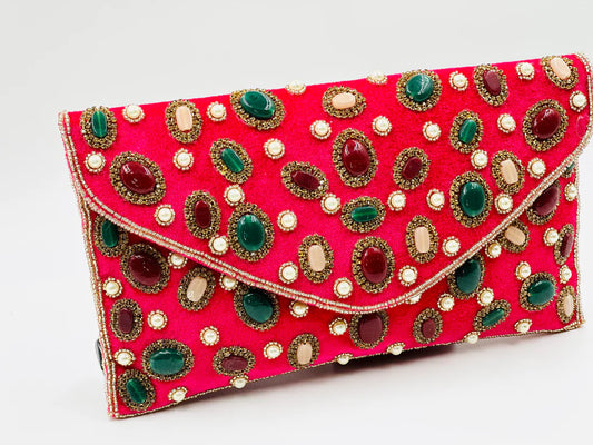 Luxury Dark Pink Velvet Envelope Clutch with Stone & Pearl Embellishments – Wedding & Party Bag