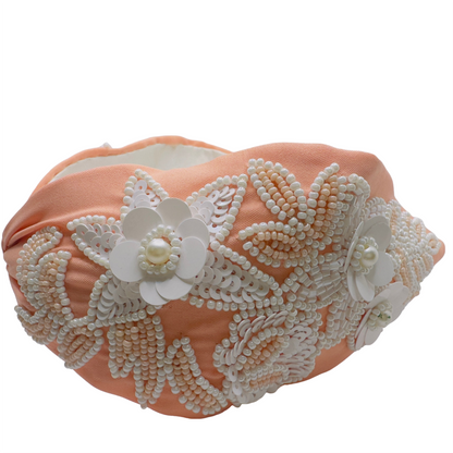 ELEGANT PEACH AND WHITE BEADED HAIRBAND