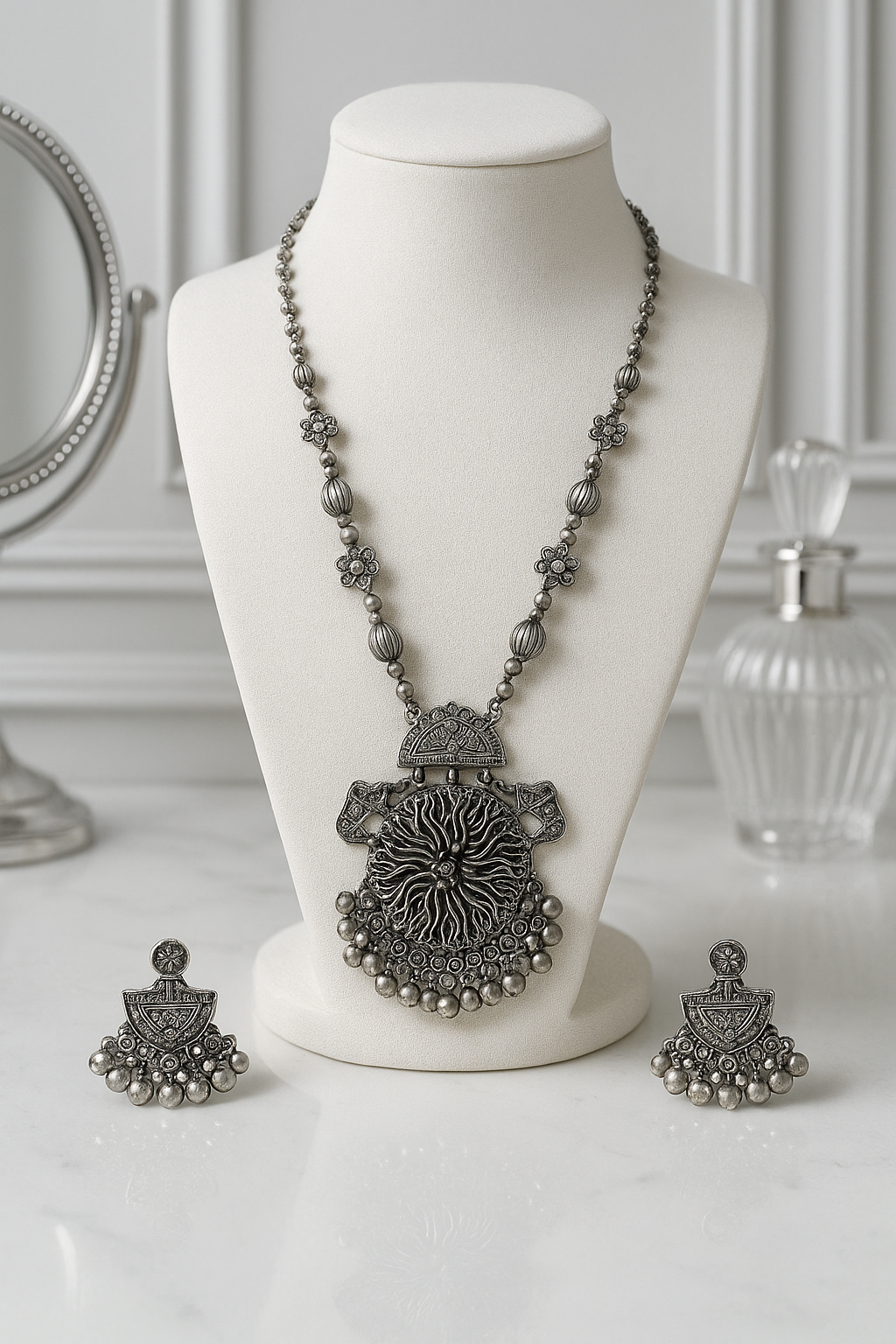 Oxidised Necklace Set with Antique Pendant & Matching Earrings for Women & Girls