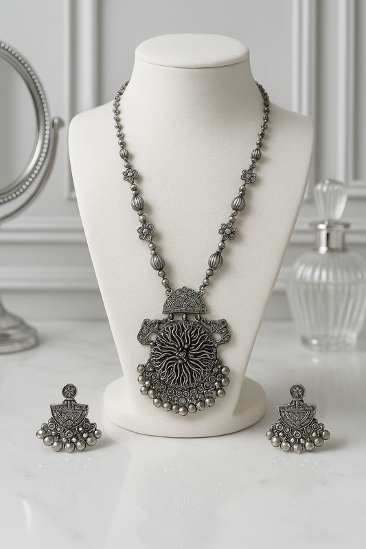 Oxidised Necklace Set with Antique Pendant & Matching Earrings for Women & Girls