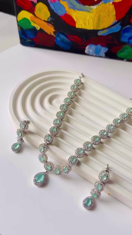 Mint Green Elegant American Diamond Jewelry Set – Luxury Necklace & Earrings for Weddings